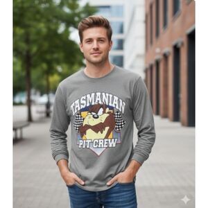 Taz Pit Crew T Shirt Vtg Long Sleeve Tasmanian Devil Racing Front Back Graphics